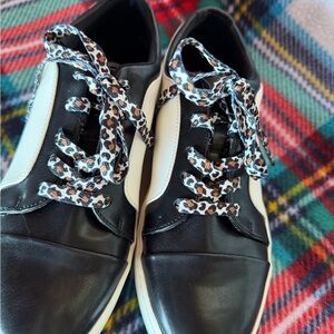 Black and White Sneakers with Leopard Print Laces 7.5